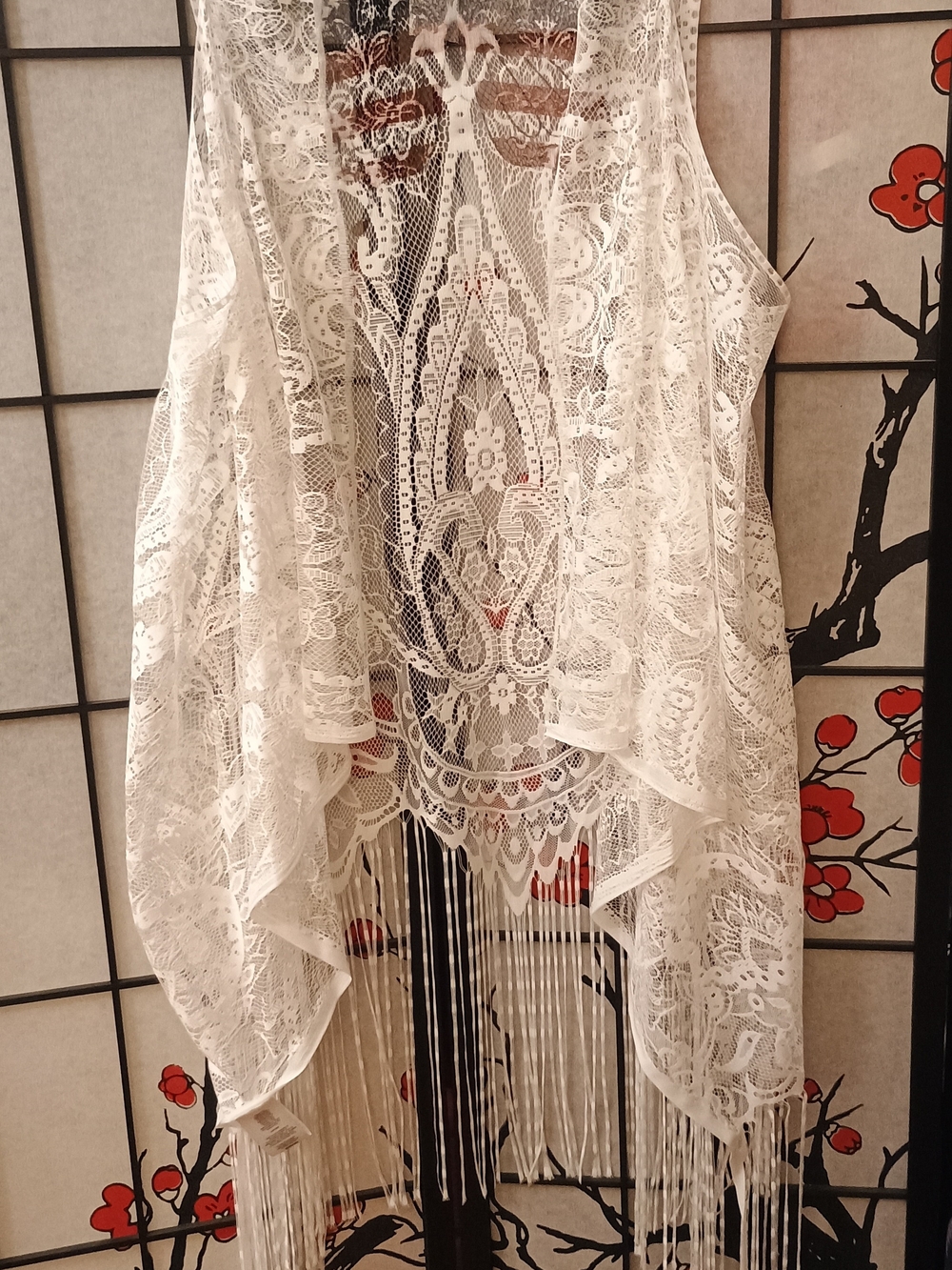 NWT White Lace Fringe Kimono Vest with Patriotic Butterfly Print - Picture 4 of 8